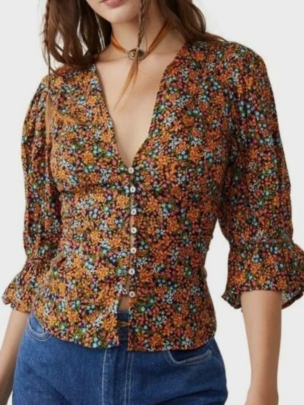 Free People I Found You Printed Floral Top Navy Combo Women's Size Medium